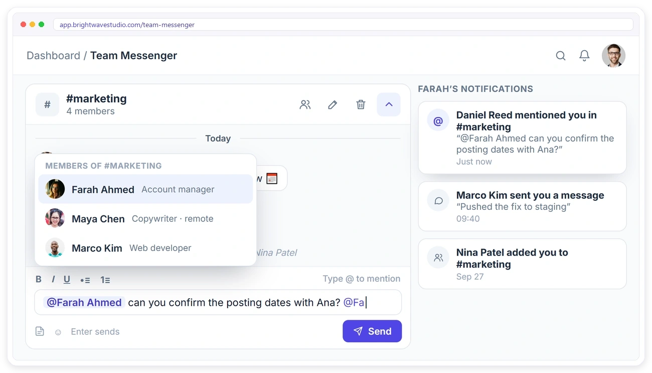 Mentioning a teammate with @ in Clientish Team Messenger and the notification they receive