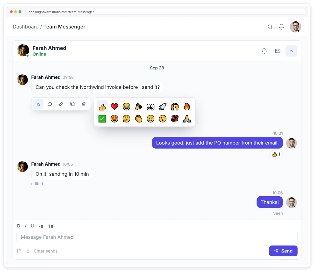 Team Messenger message actions in Clientish: emoji reactions, reply, edit, copy and delete in a direct message Team Messenger message actions in Clientish: emoji reactions, reply, edit, copy and delete in a direct message