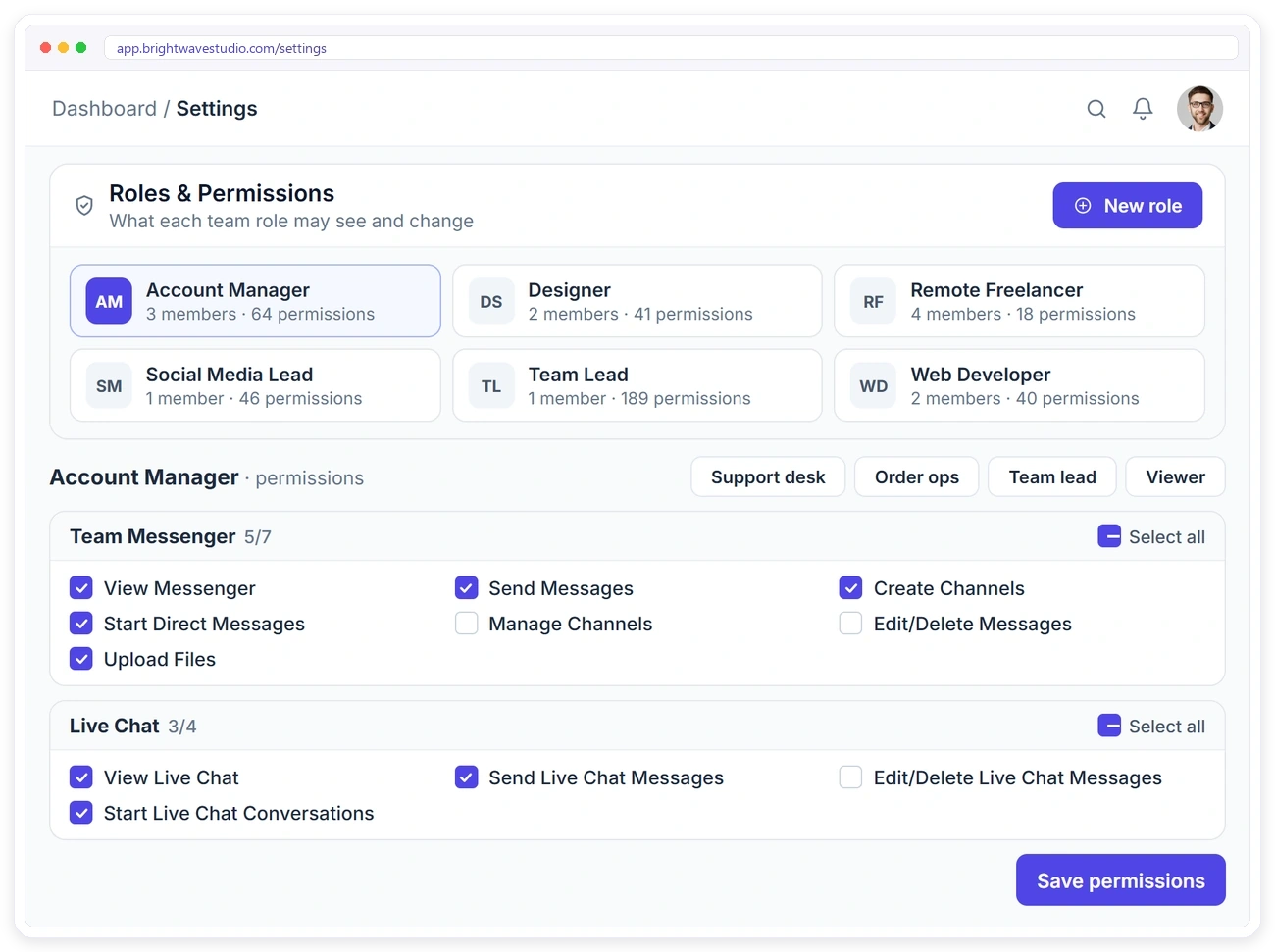 Roles and permissions in Clientish settings for Team Messenger and Live Chat Roles and permissions in Clientish settings for Team Messenger and Live Chat