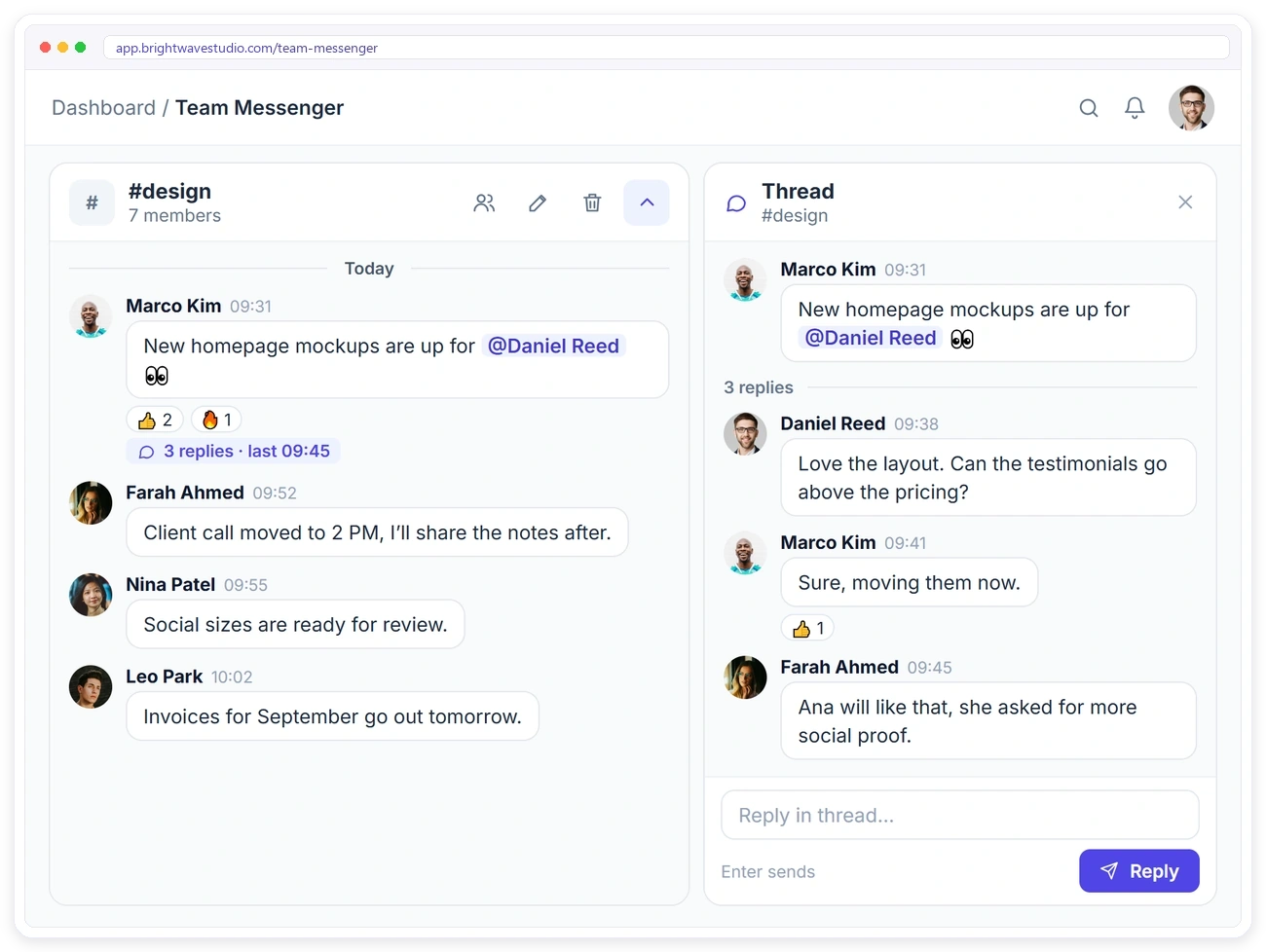 Threaded replies in Clientish Team Messenger, with the thread open next to the channel