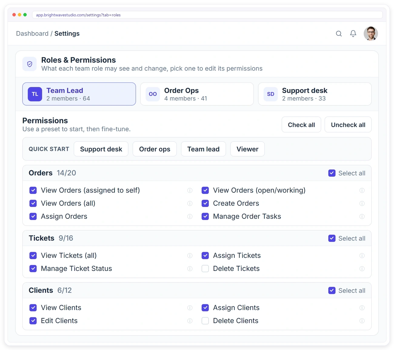Clientish roles and permissions with role cards, quick start presets and permission groups for orders and tickets