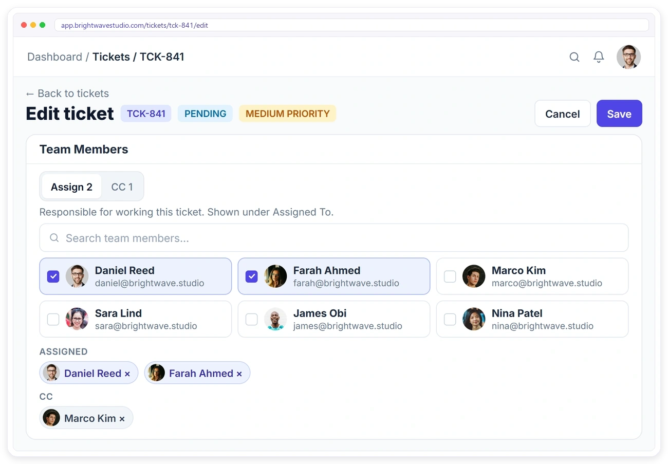 Assigning team members and CC on a support ticket in Clientish