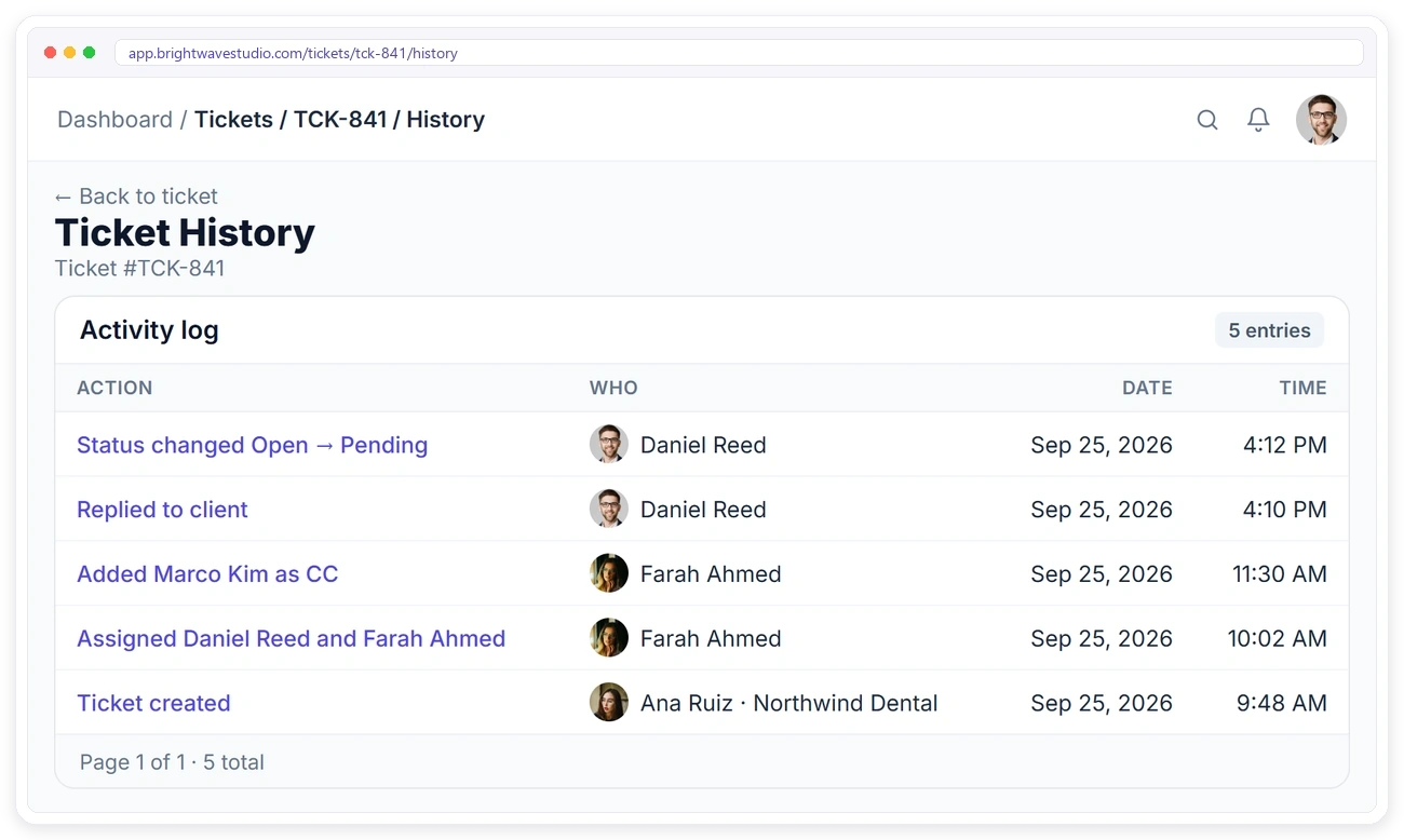 Support ticket activity log in Clientish with every status change, reply and assignment Support ticket activity log in Clientish with every status change, reply and assignment