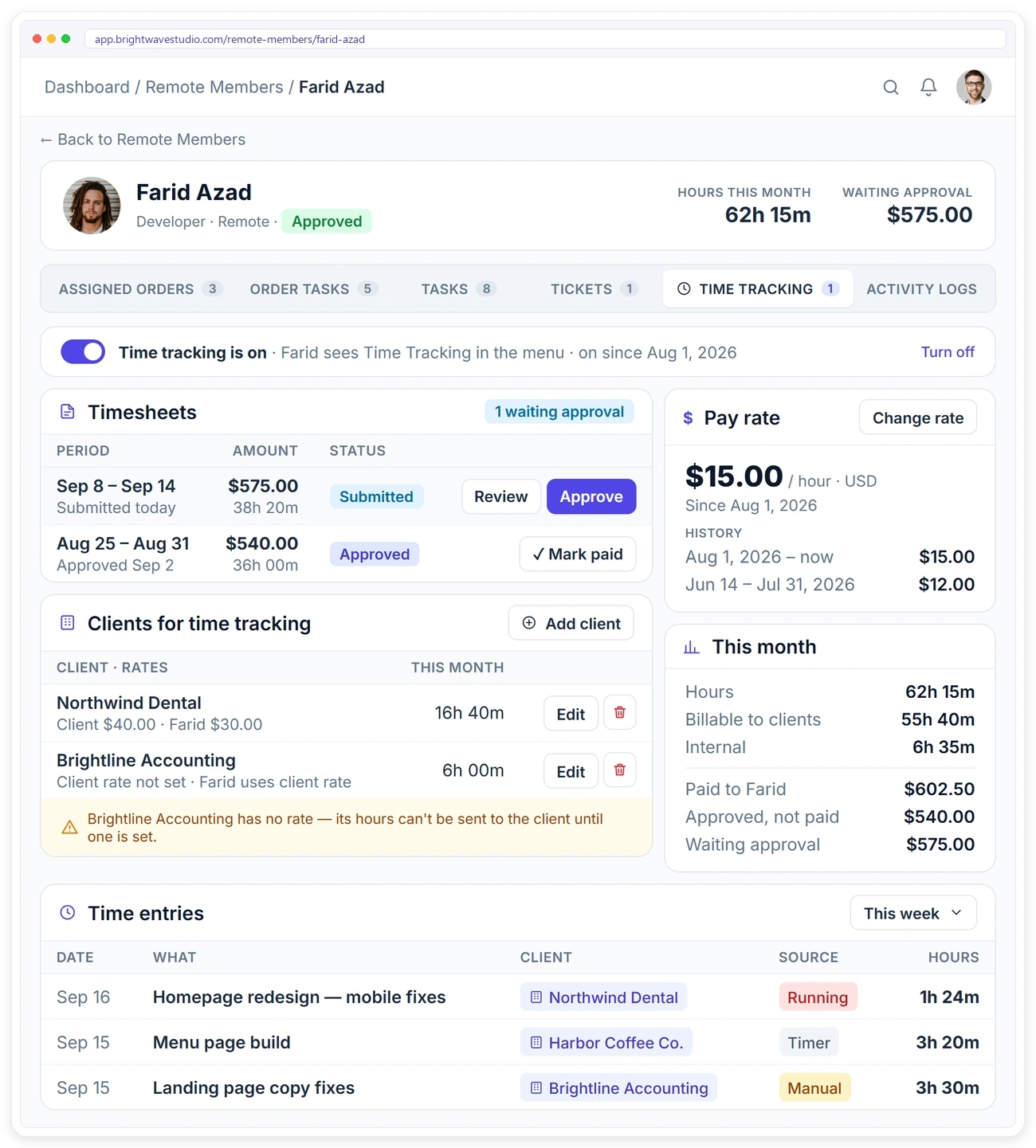 Remote member profile in Clientish with pay rate, client rates, timesheets and time entries