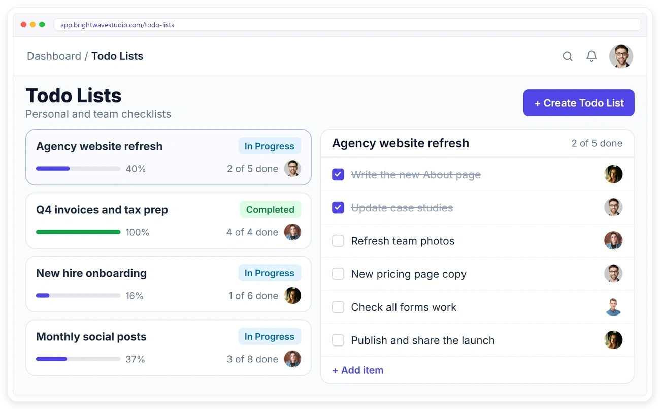 Clientish to-do lists for internal agency work with progress, owners and checklist items