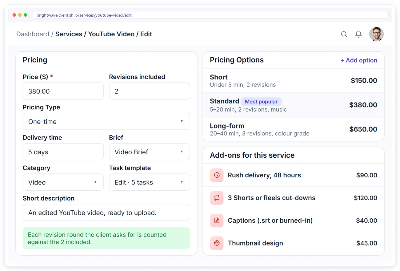 A YouTube video editing service in Clientish priced by length with revisions included and add-ons for rush delivery, Shorts cut-downs, captions and thumbnails