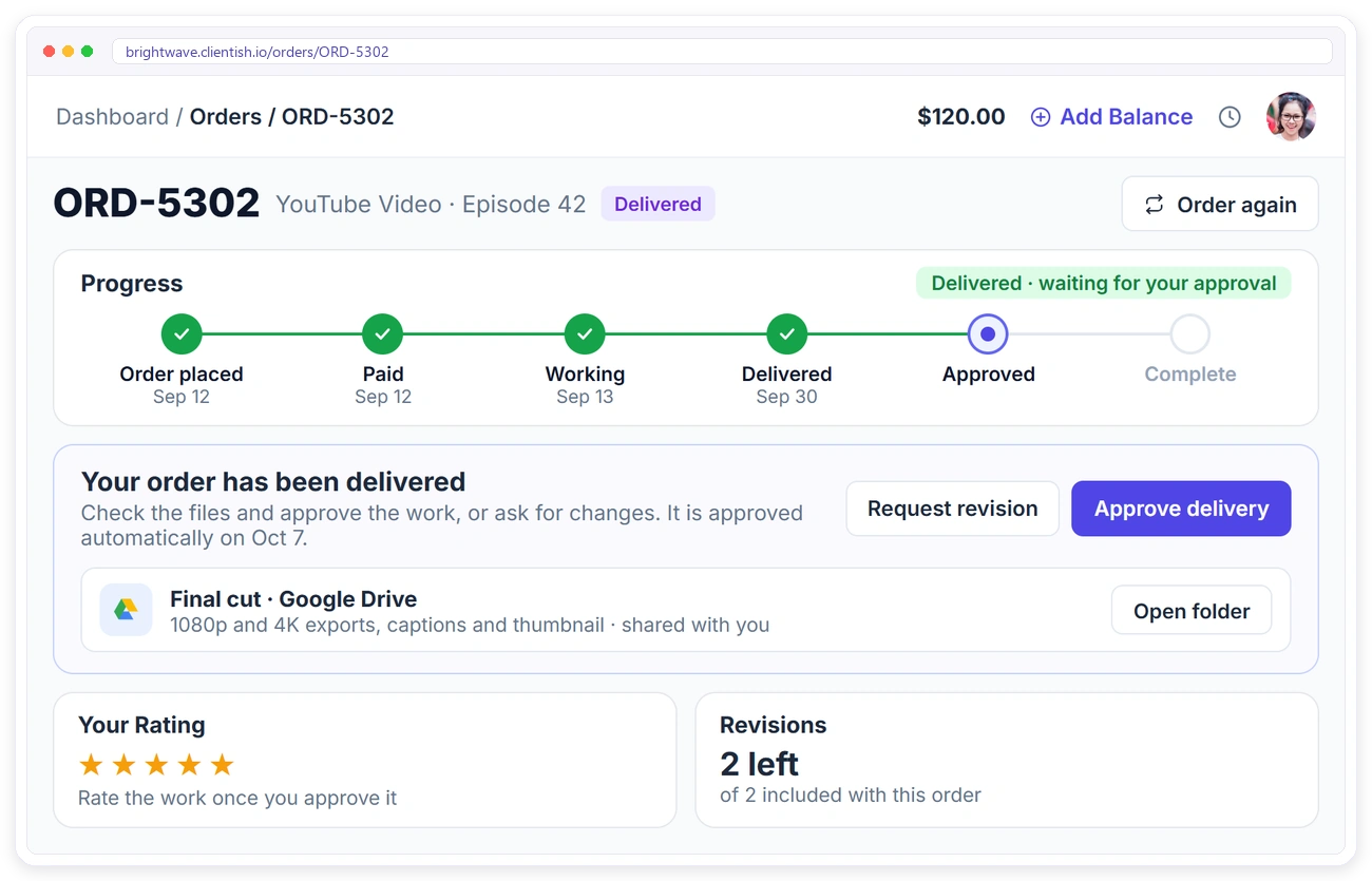 A client approving the final cut of a YouTube video in the Clientish client portal, with exports, captions and thumbnail shared as a link