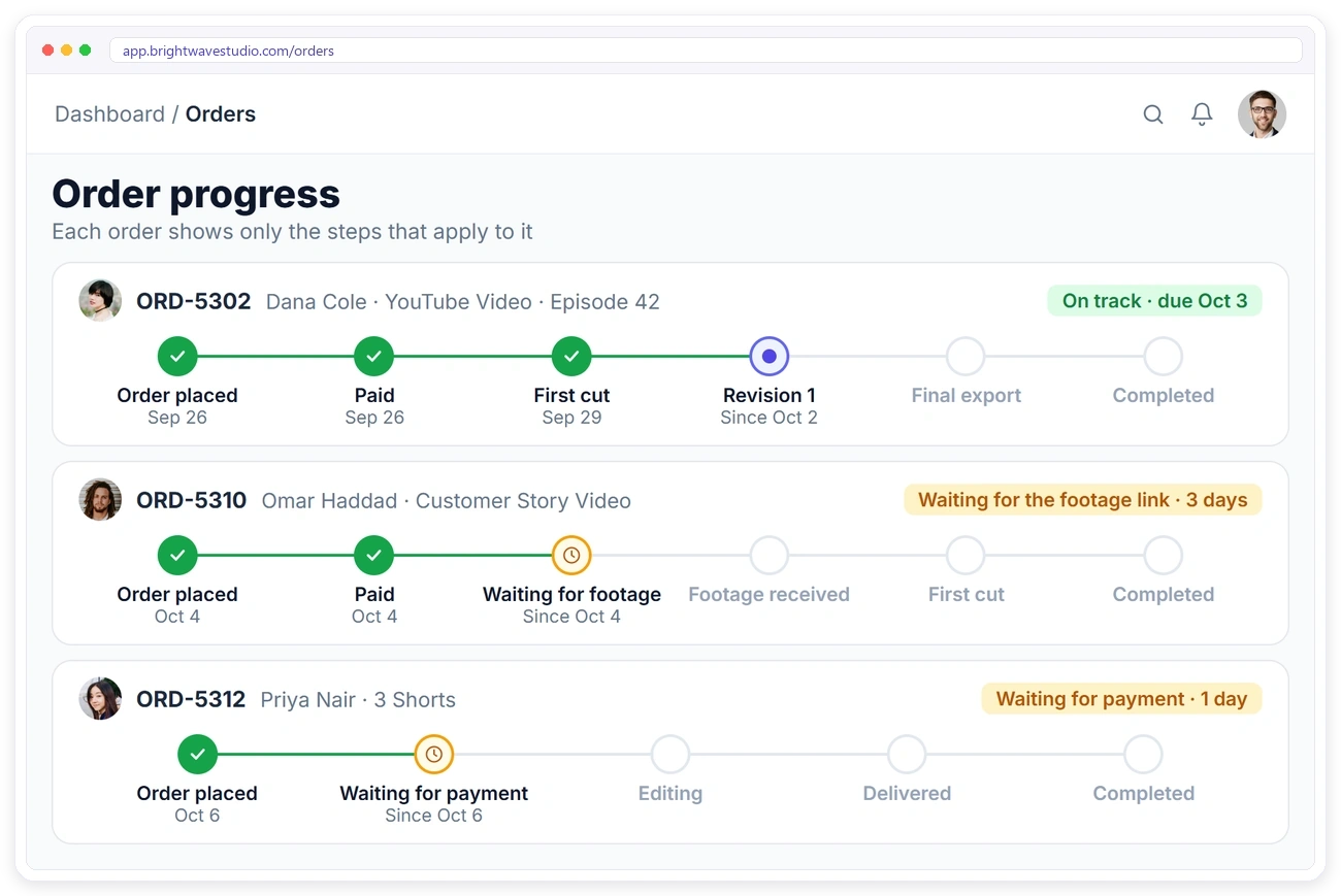 Progress timelines for video orders in Clientish, showing a video in revision, one waiting for the footage link and Shorts waiting for payment Progress timelines for video orders in Clientish, showing a video in revision, one waiting for the footage link and Shorts waiting for payment
