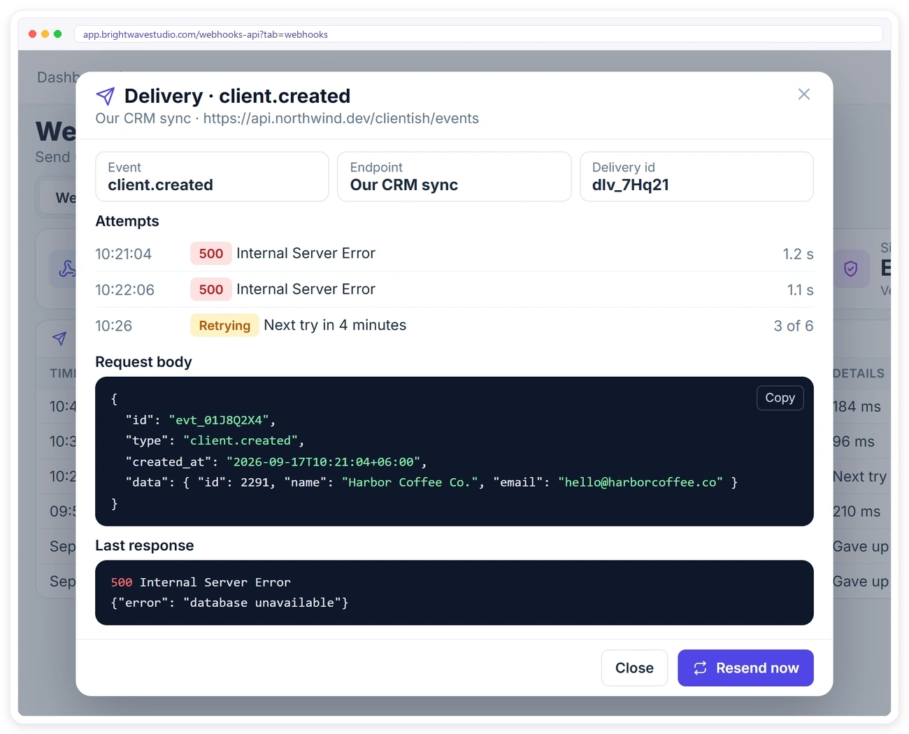 Webhook delivery details in Clientish with each attempt, the request body, the last response and Resend now Webhook delivery details in Clientish with each attempt, the request body, the last response and Resend now