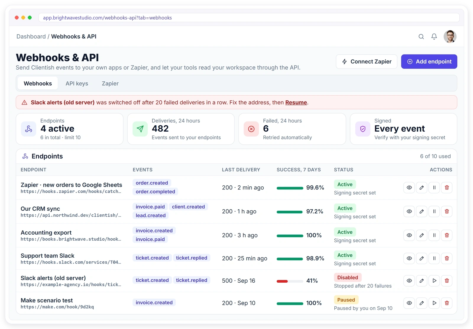 Clientish Webhooks and API page with webhook endpoints, their events, success rate and status Clientish Webhooks and API page with webhook endpoints, their events, success rate and status