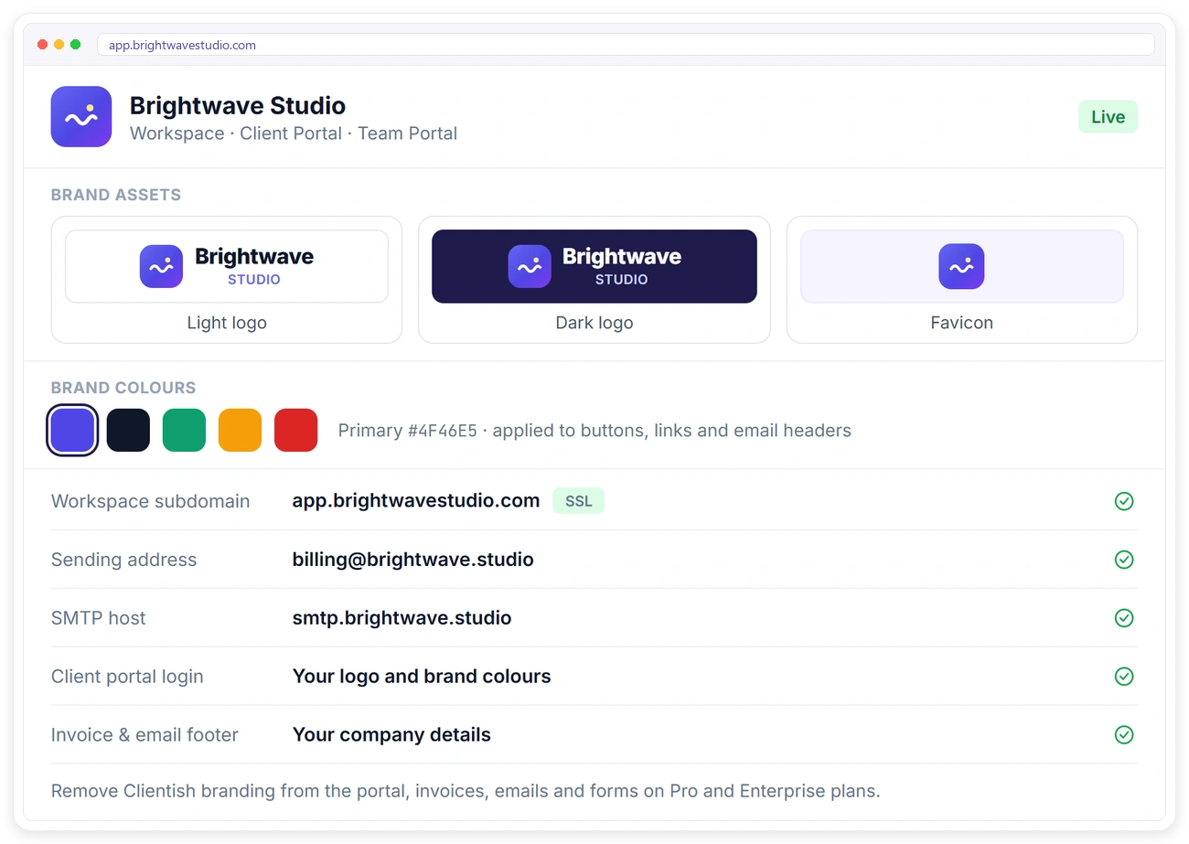 Clientish white label branding Clientish white label settings with logos, brand colours, workspace subdomain and your own SMTP sending address