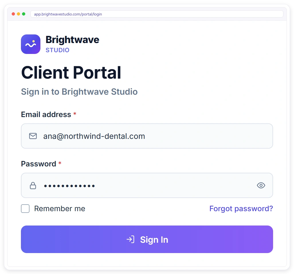 Client portal sign-in page on the agency's own domain with the agency's logo