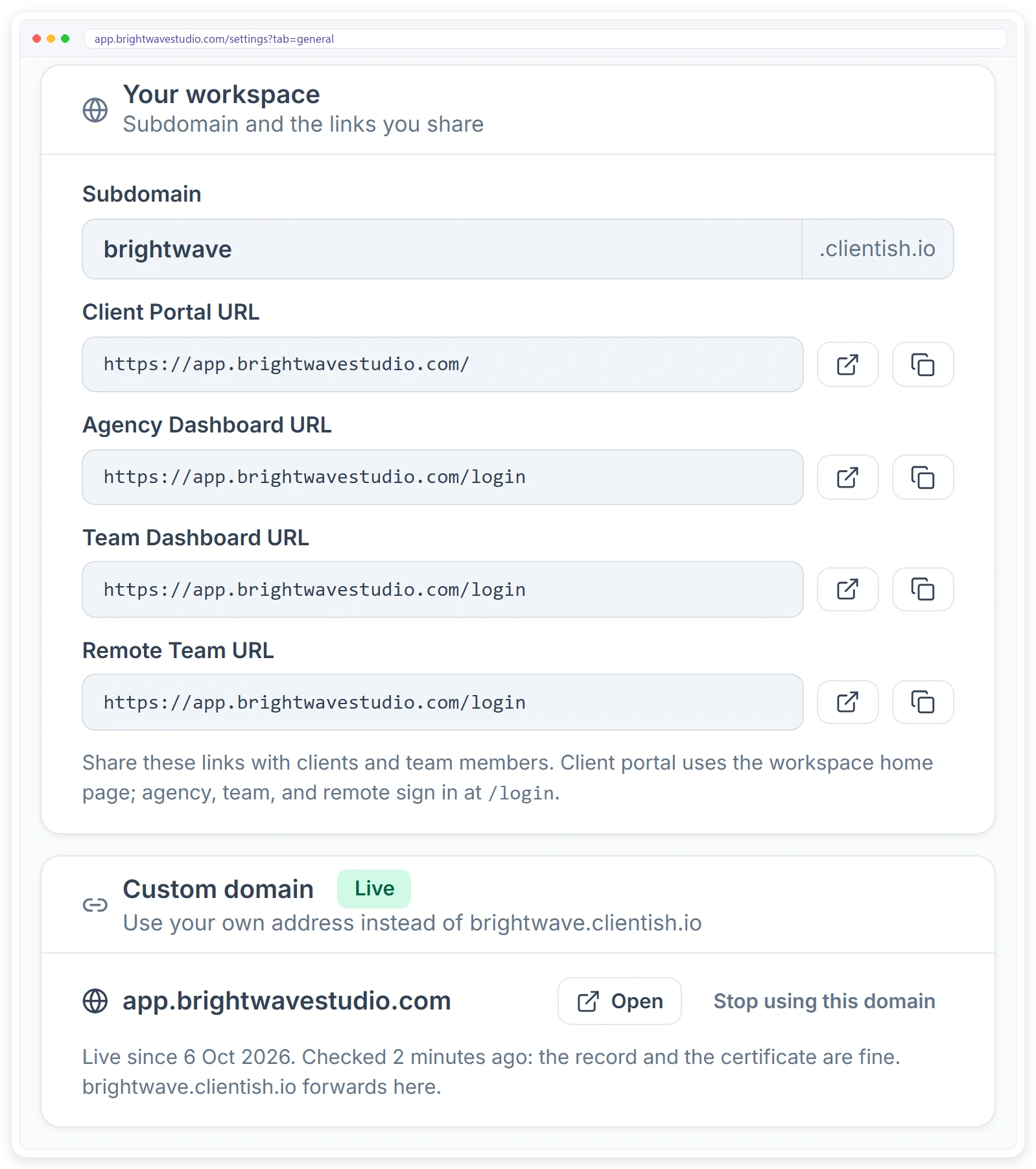 Workspace links for the client portal, agency, team and remote team all on the agency's own domain, with the custom domain live Workspace links for the client portal, agency, team and remote team all on the agency's own domain, with the custom domain live
