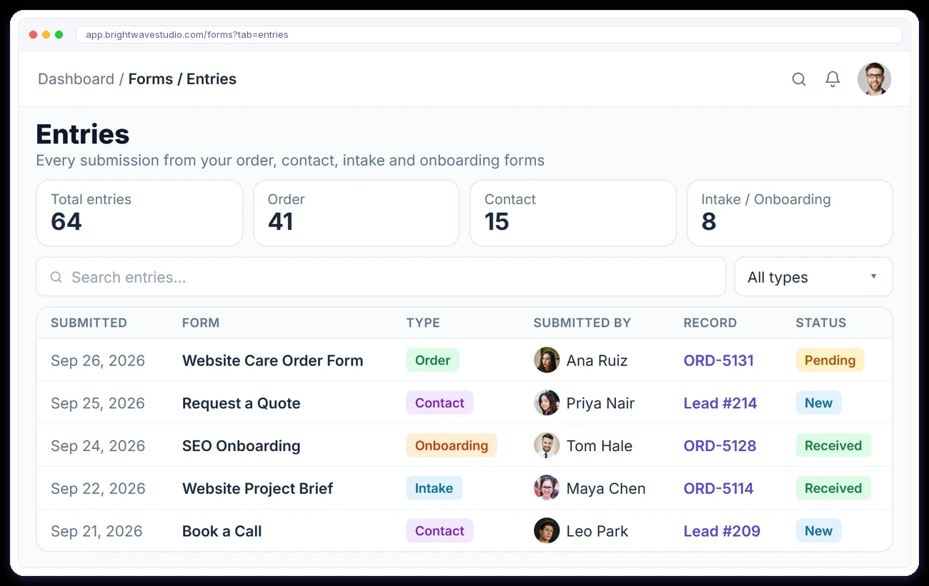 Form entries from order, contact, intake and onboarding forms, each linked to its order or lead