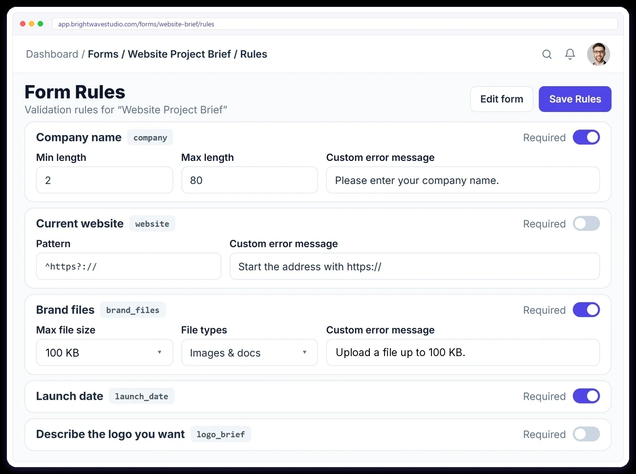 Form rules with required fields, length limits, a pattern, a 100 KB file size limit and custom error messages
