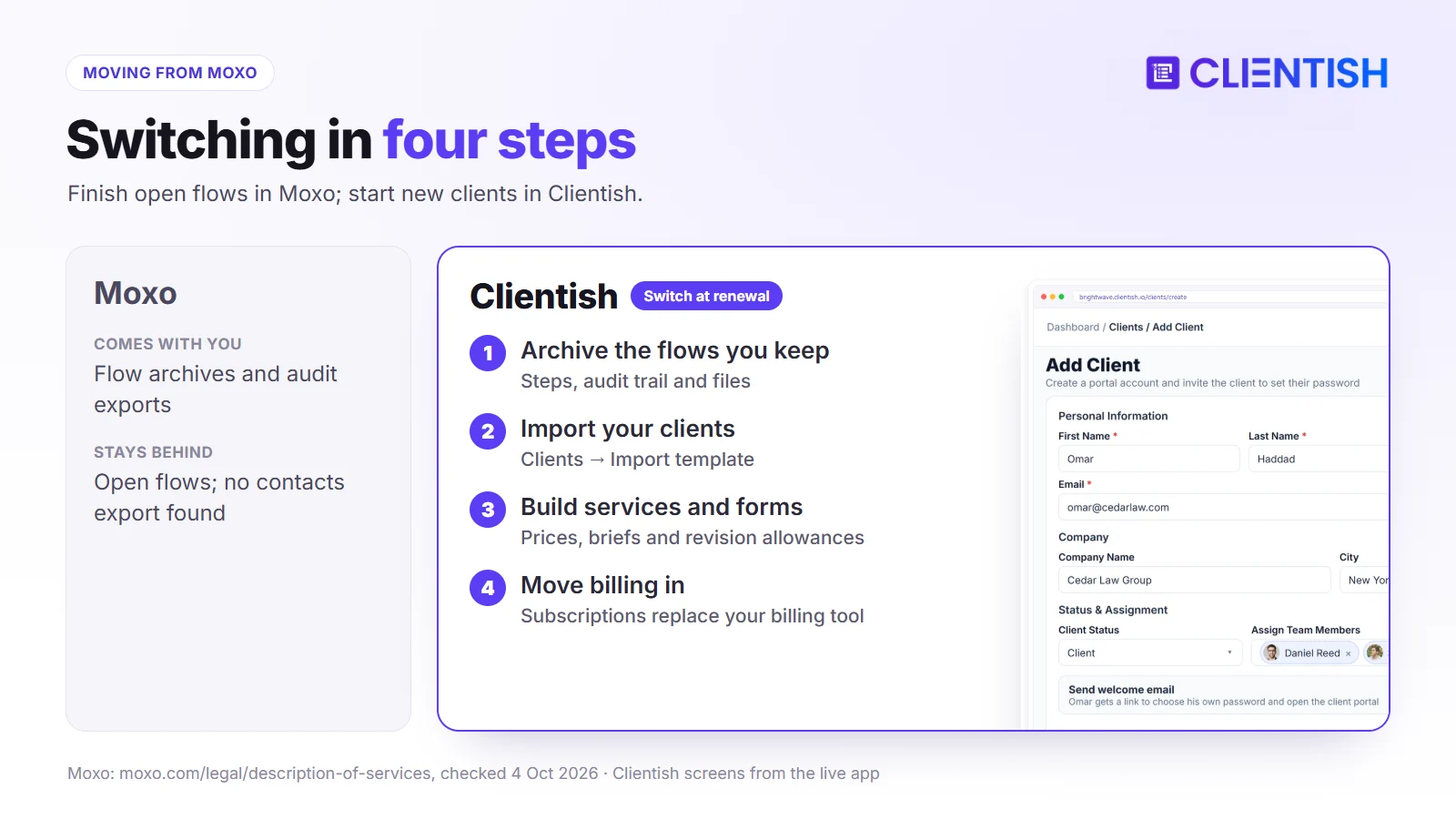 Moving from Moxo to Clientish in four steps: archive flows, import clients, build services and forms, move billing into subscriptions