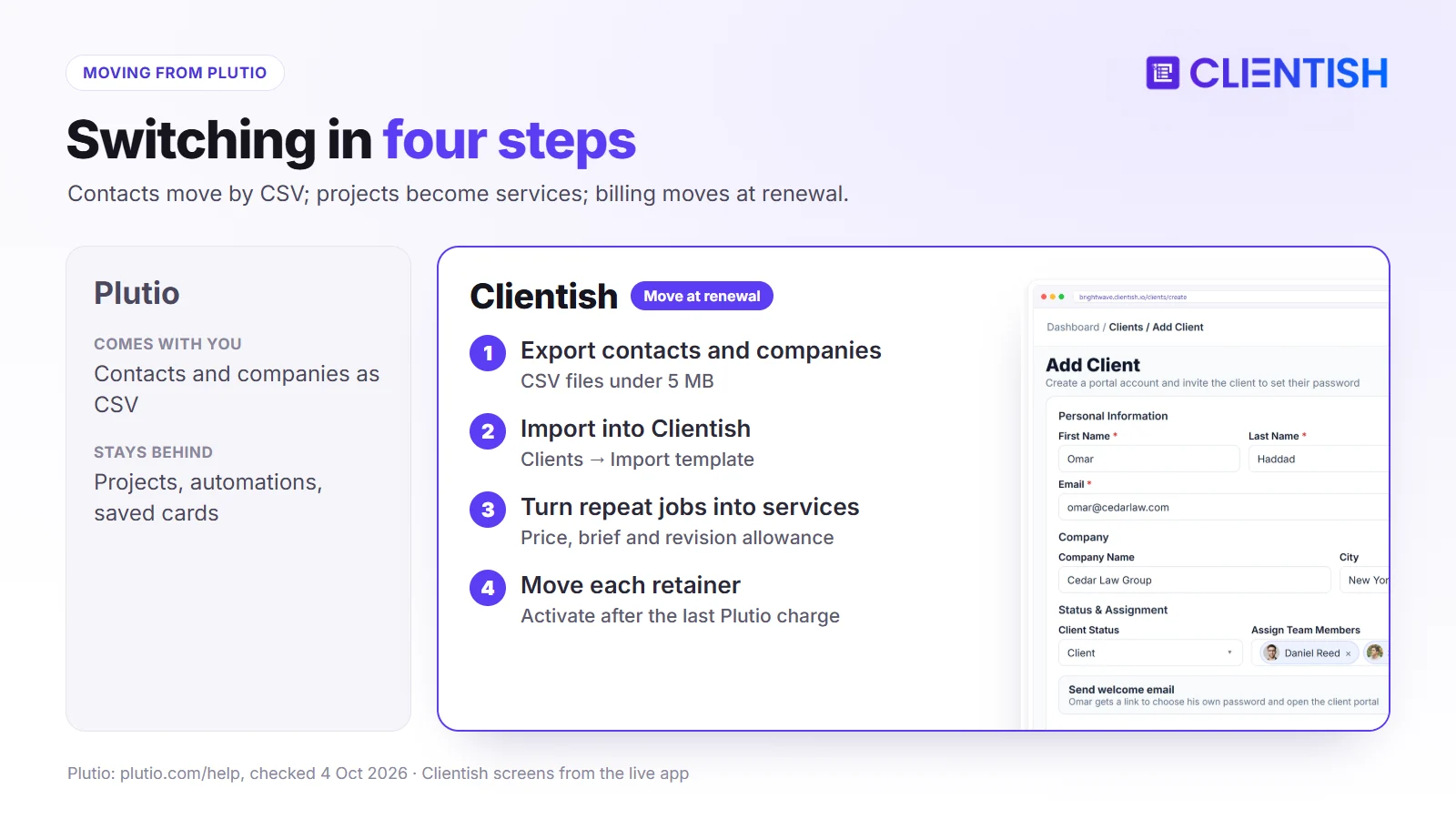 Moving from Plutio to Clientish in four steps: export contacts, import into Clientish, turn repeat jobs into services, move each retainer